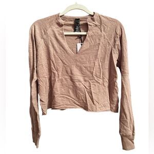 Bobi Split Neck Crop Long Sleeve Tee In Taupe Size XS NWT
